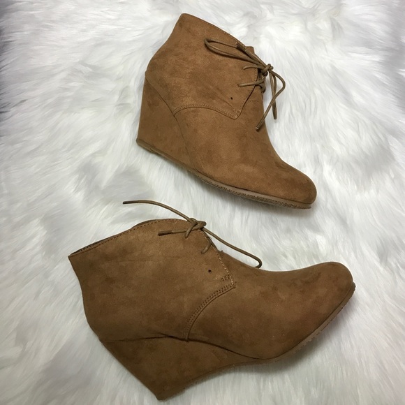Camel Almond Toe Lace Up Wedge Ankle Booties - Picture 4 of 4